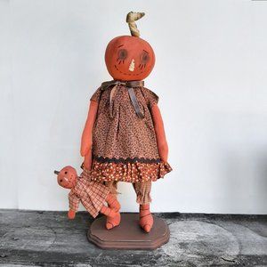 HANDMADE Primitive Fall Jack O Lantern Standing Pumpkin Doll with Vintage Fabric